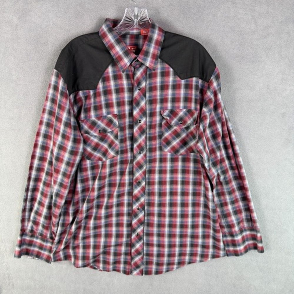 Red‎ Ranch Mens Black Snap Shirt Size L Shiny Inlay Western Cowboy Plaid Flannel
